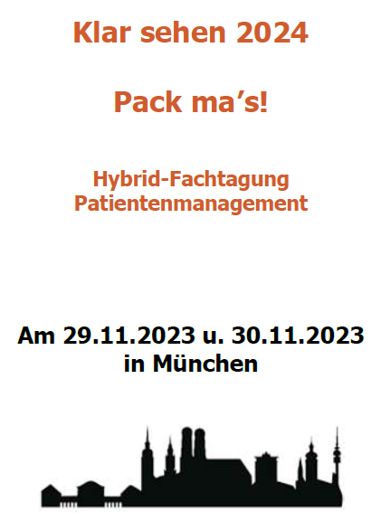 Das Bild bildet die Informationen zur Fachtagung Patientendatenmangement vom 29. bis 30. November 2023 in München ab.